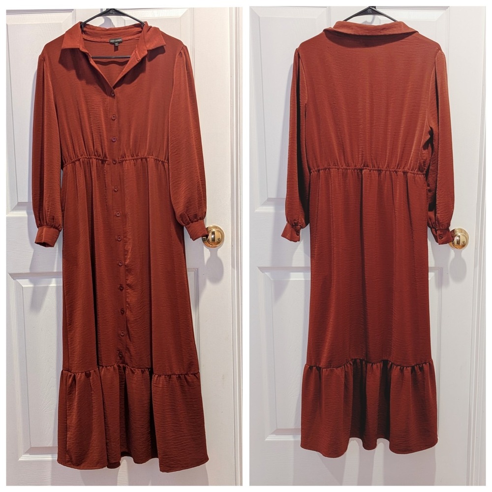 Cottagecore Rustic Farmhouse Boho Rust Midi Shirt Dress Tiered Button‎ Front S/M